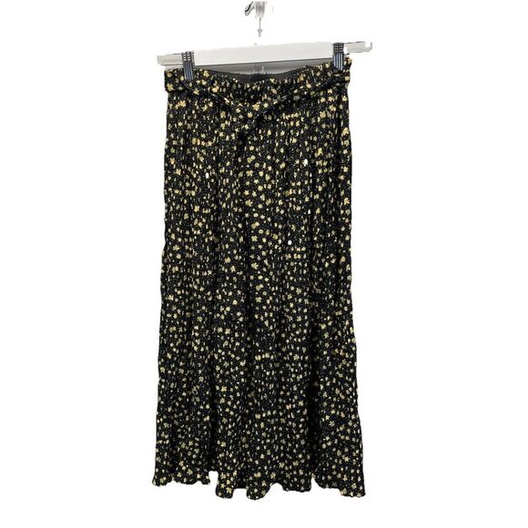 Alice Blue Accordion Pleat Midi Skirt Size S Black Butter Yellow Floral Belt - Picture 1 of 13
